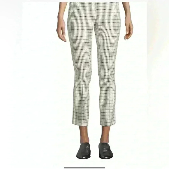 Theory Classic Skinny Pant Plaid Viscose Grid Ivory Black Green Women’s Size 12 - Picture 2 of 7